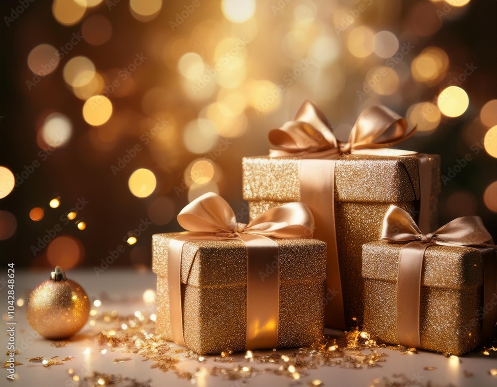 Glamorous golden presents with shimmering ribbons, ideal for social media posts Glamorous golden presents with shimmering ribbons, ideal for social media posts
