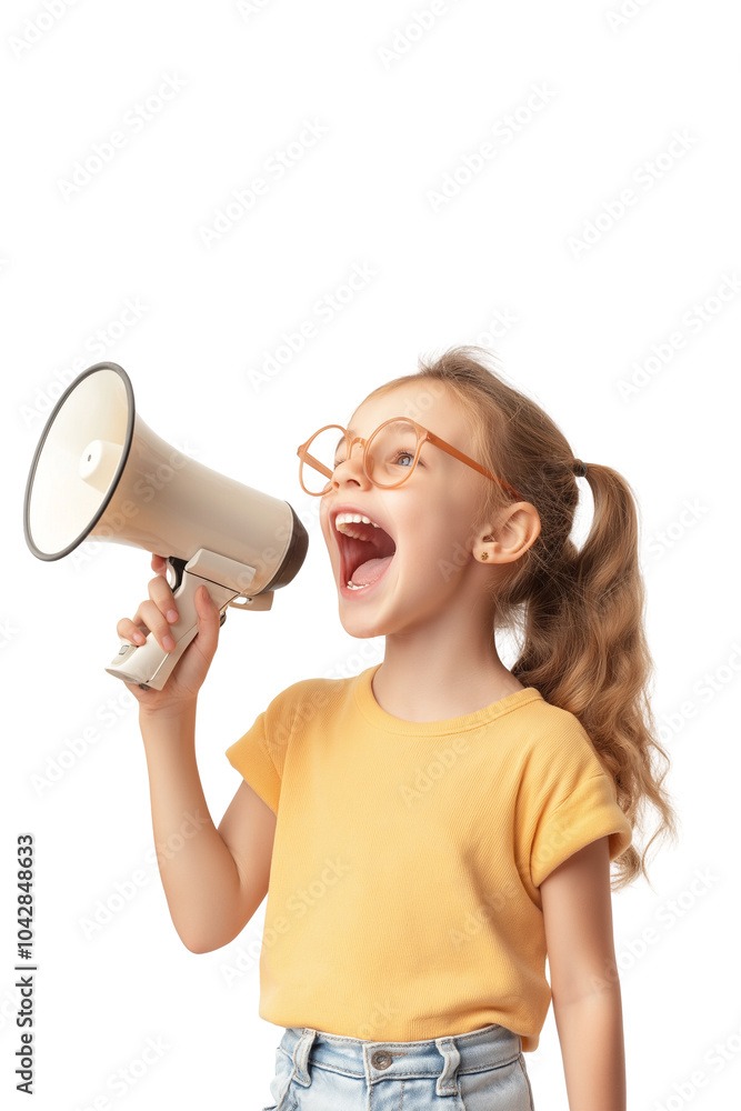 Naklejka premium Excited Young Girl Shouting into Megaphone with Enthusiasm and Emotion on transparent Background