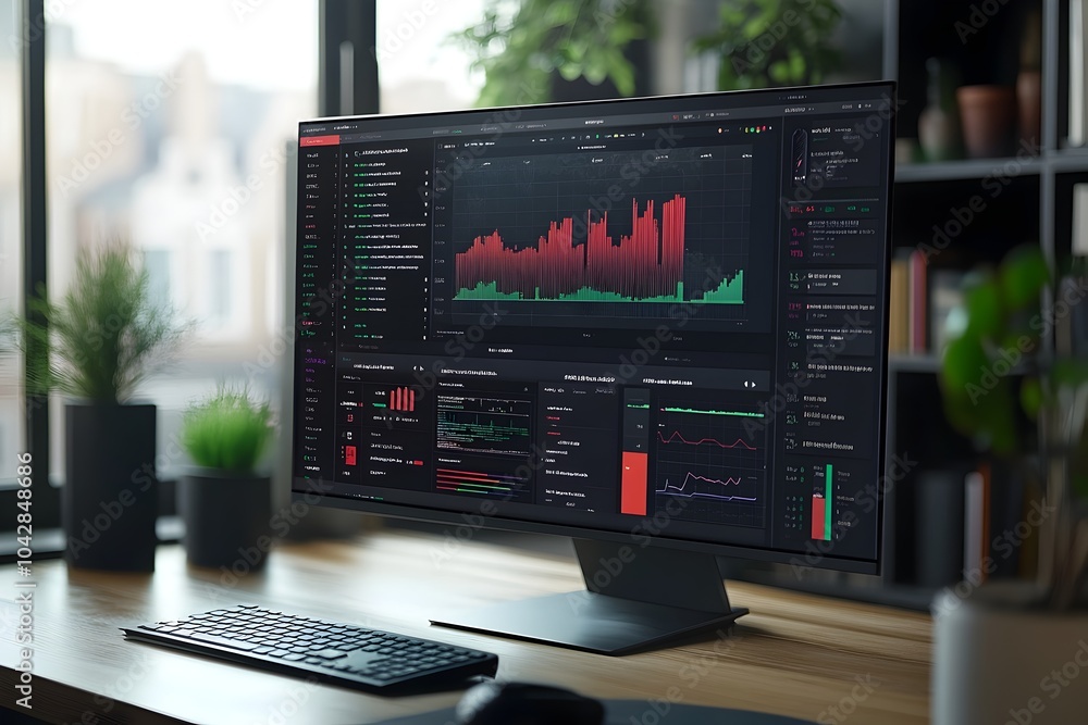 Real Time Analytics Dashboard with Abstraqt Data Visualization on Computer Monitor Real Time Analytics Dashboard with Abstraqt Data Visualization on Computer Monitor