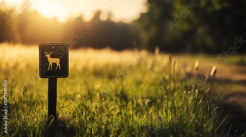 Nature trail with deer sign at sunrise photo