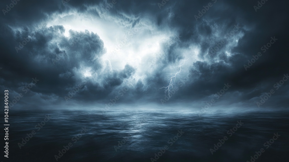 Dark storm clouds rolling in over a calm ocean, with bolts of lightning illuminating the sky in a dramatic and powerful scene