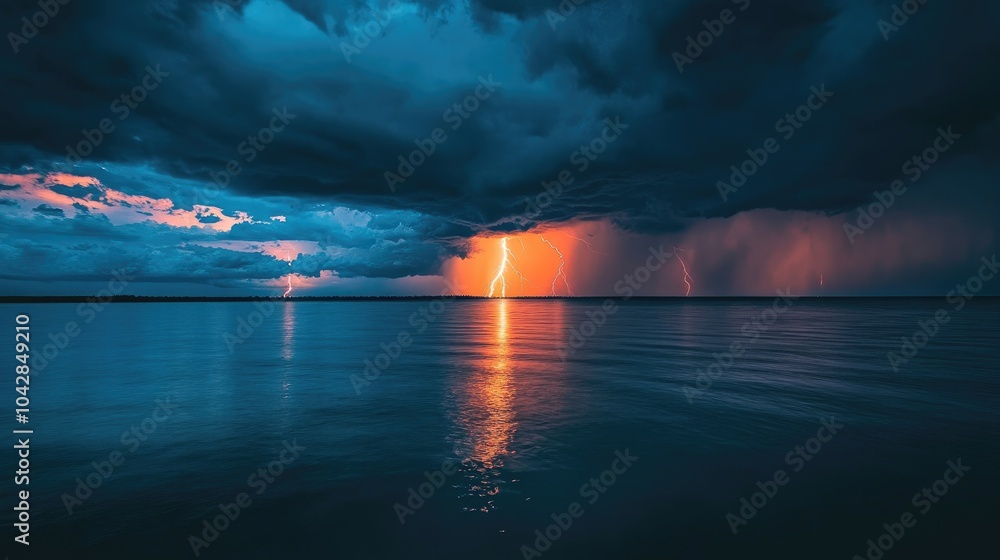 Powerful lightning bolts cutting through a stormy sky over a calm ocean, creating a dramatic and breathtaking natural display Powerful lightning bolts cutting through a stormy sky over a calm ocean, creating a dramatic and breathtaking natural display