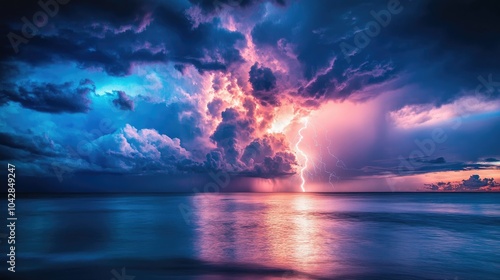 Powerful lightning bolts cutting through a stormy sky over a calm ocean, creating a dramatic and breathtaking natural display