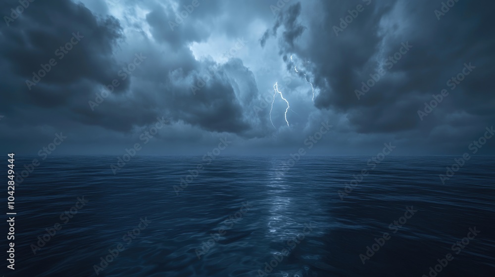 Obraz premium A calm ocean beneath dark storm clouds, with distant lightning bolts illuminating the sky, creating a dramatic and powerful visual
