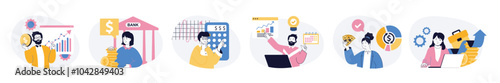 Business and finance concept set with characters in flat design for web. People calculating financial income, analyzing statistic company graphs, getting success investments. Vector illustrations.