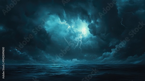 A dramatic storm with lightning bolts striking over a calm ocean, the contrast between tranquility and chaos creating an awe-inspiring scene