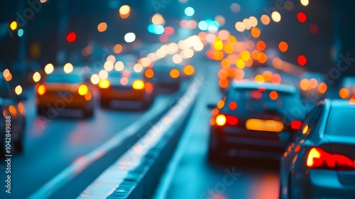 Bustling City Street at Night with Blurred Traffic Lights and Cars in Motion