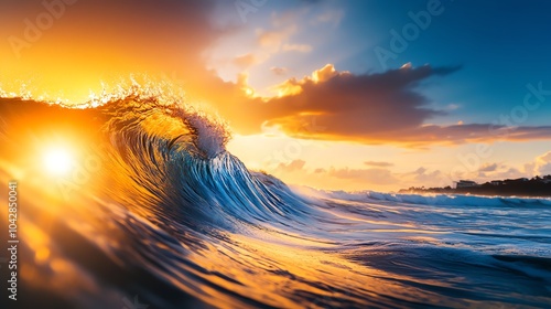 Fototapeta Naklejka Na Ścianę i Meble -  Sunset wave crash in vibrant ocean scene