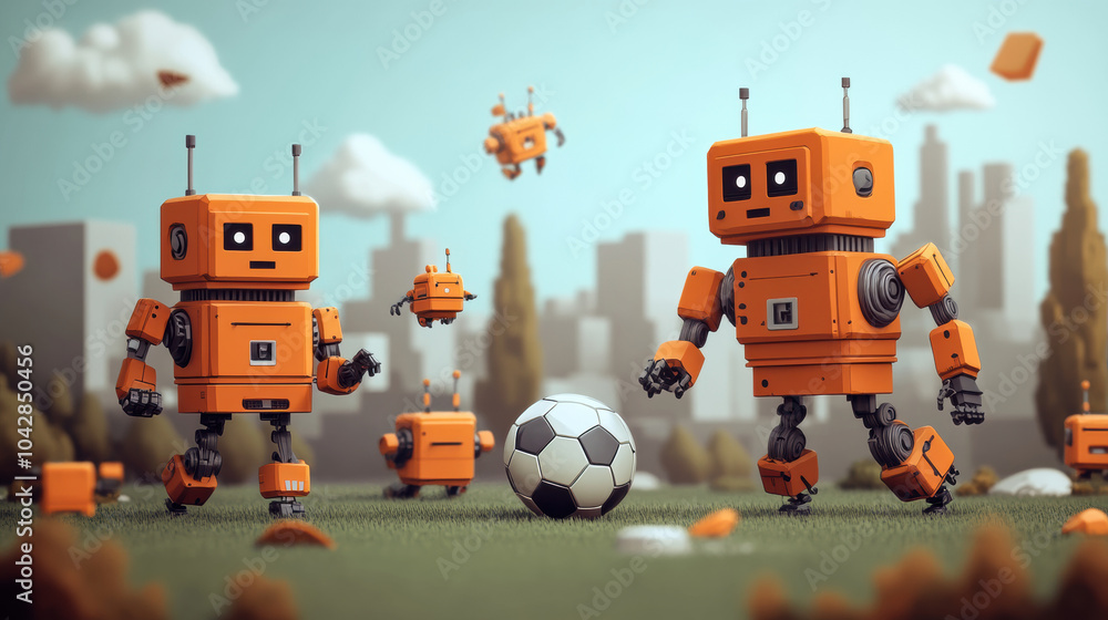 Happy robots playing soccer in futuristic park, showcasing joy and teamwork Happy robots playing soccer in futuristic park, showcasing joy and teamwork