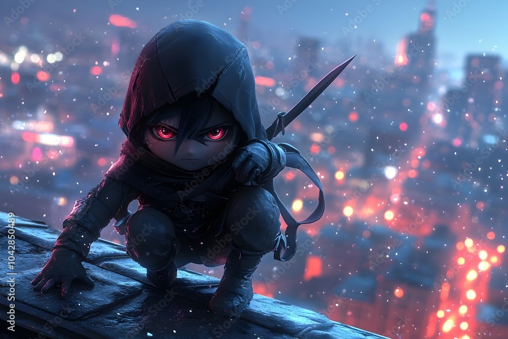 Stealthy Chibi Assassin Crouches on Rooftop with Cityscape at Night Stealthy Chibi Assassin Crouches on Rooftop with Cityscape at Night