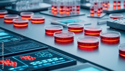 A laboratory table covered with advanced drugtesting equipment, with glowing petri dishes, digital interfaces displaying test results, and molecular diagrams photo