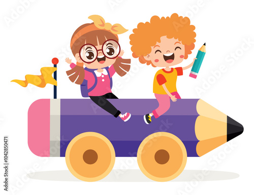 Cartoon Kids Riding Pencil Car