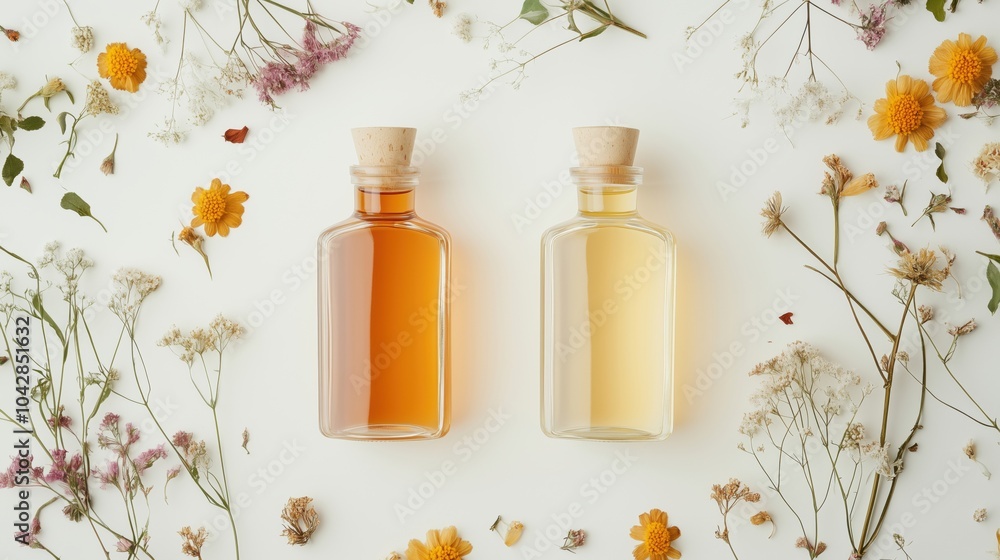 Glass bottles with liquids surrounded by dried flowers and herbs Glass bottles with liquids surrounded by dried flowers and herbs