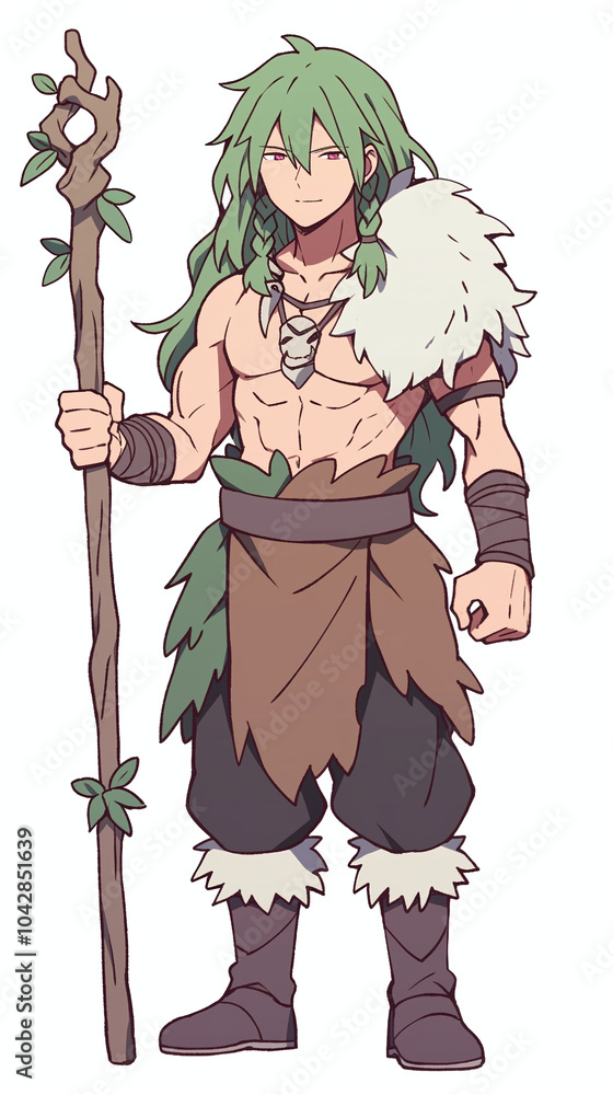 Obraz premium Fantasy Character Illustration: Powerful Tribal Warrior with Green Hair and Staff