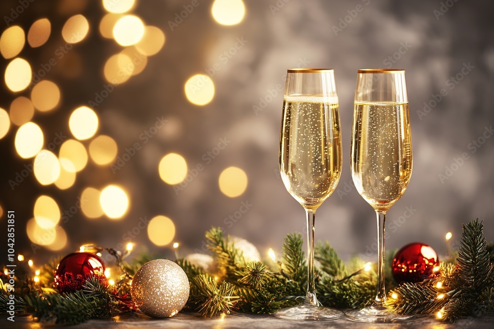 Champagne glasses with festive lights and holiday decor Champagne glasses with festive lights and holiday decor