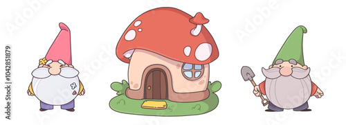 Garden gnomes and mushroom house set isolated on white background. Contemporary vector cartoon illustration of old male characters with gray beard wearing color hats, holding shovel, cute forest hut