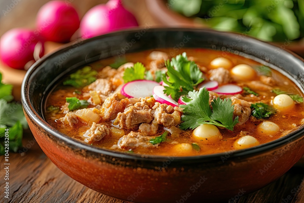 Bowl of Spicy Mexican Soup with Meat, Radishes, and Cilantro Bowl of Spicy Mexican Soup with Meat, Radishes, and Cilantro