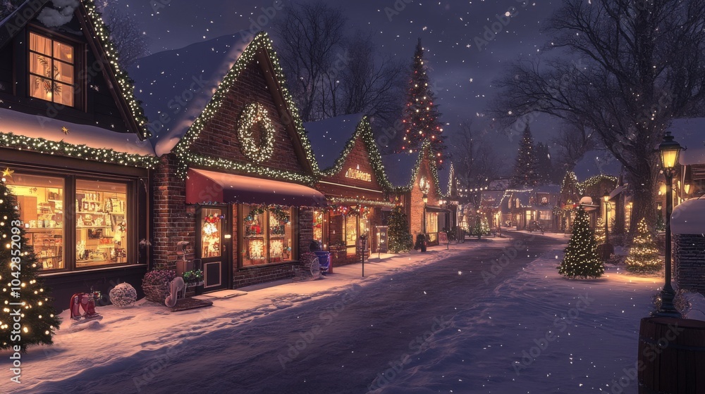 Festive Winter Village with Holiday Decorations at Night Festive Winter Village with Holiday Decorations at Night