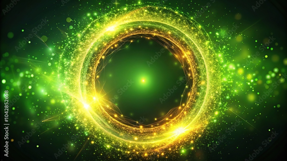 Extreme close-up abstract green energy torus emitting particles light rings glow flash gold Extreme close-up abstract green energy torus emitting particles light rings glow flash gold