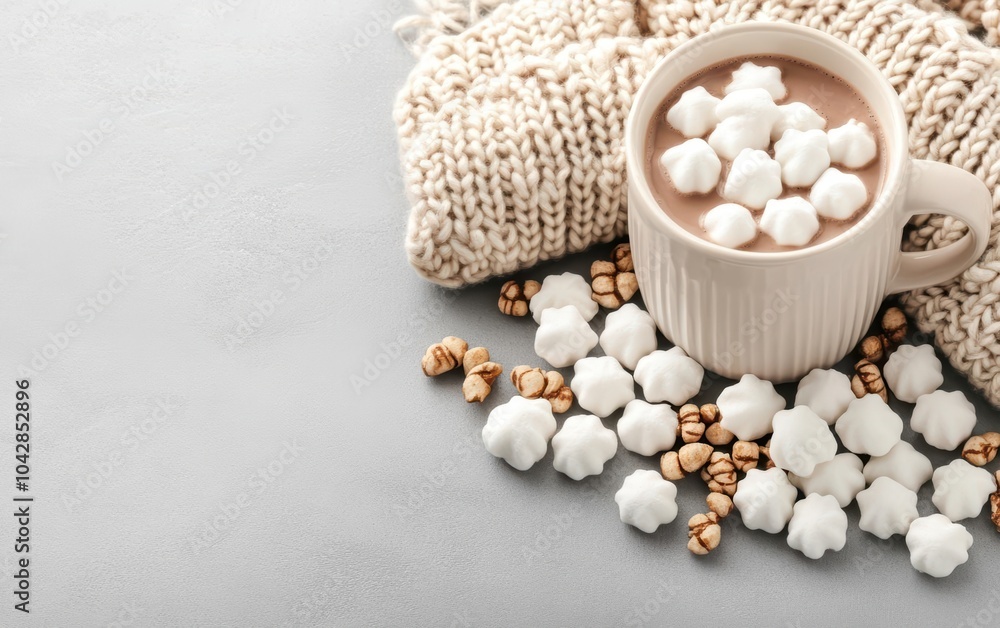 A cozy scene with hot chocolate topped with marshmallows, surrounded by popcorn and a textured blanket. A cozy scene with hot chocolate topped with marshmallows, surrounded by popcorn and a textured blanket.
