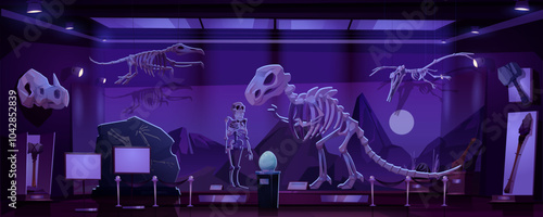 Museum exhibit featuring dinosaur skeletons and artifacts under purple lighting at night. Cartoon vector archaeological gallery with large raptor backbone, fossils and egg, prehistoric people tools.
