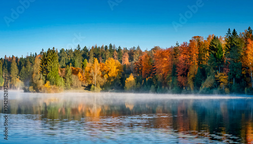 Autumn multicolor landscape calm surface of lake with creeping fog with forest in the background
