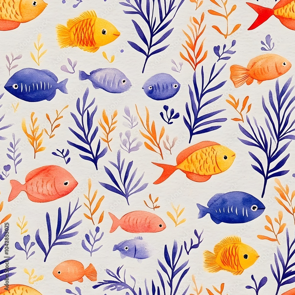 Naklejka premium Vibrant Watercolor Fish and Coral Reef Pattern in Soft Orange Blue and Yellow Shades on Pale