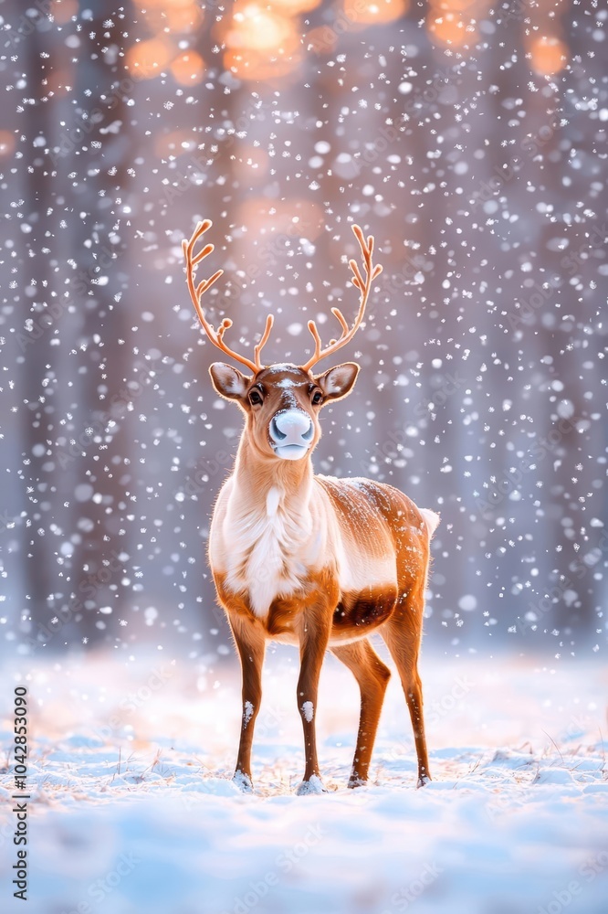 A majestic reindeer standing in the snow amidst falling snowflakes, creating a serene winter landscape. A majestic reindeer standing in the snow amidst falling snowflakes, creating a serene winter landscape.