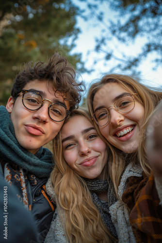 Three young people, two girls and a boy, are smiling and posing for a selfie with a blurred background