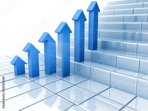 A graphic representation of growth with blue arrows ascending on a 3D staircase.