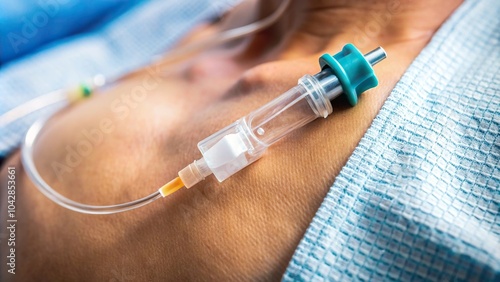 Close-up view of chemotherapy port insertion with catheter