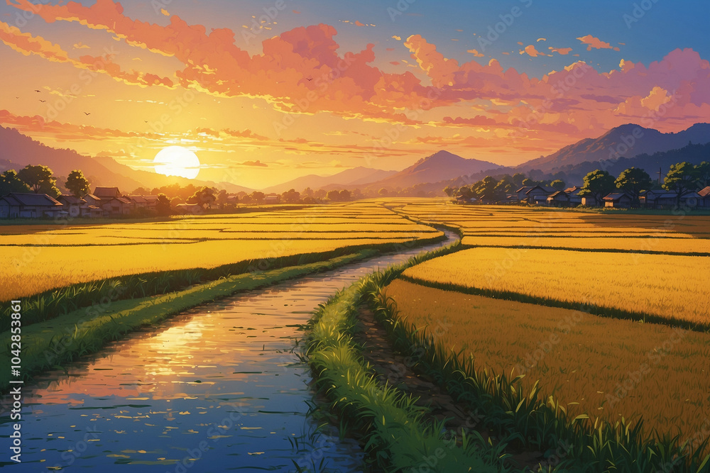 Fototapeta premium the path between the river and the yellow rice fields when the golden sky is misty in the morning, the sun rises. In anime style