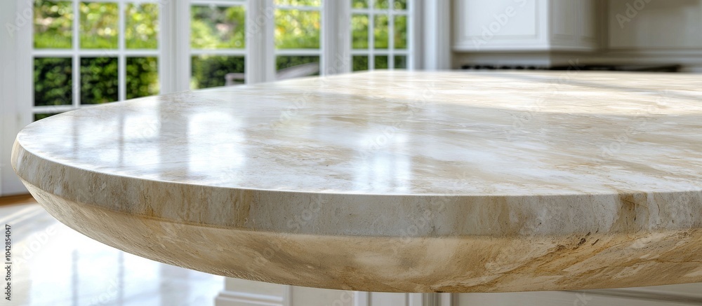 Fototapeta premium Empty Marble Stone Table Top with Blurred White Kitchen Interior Background for Product Display Montage