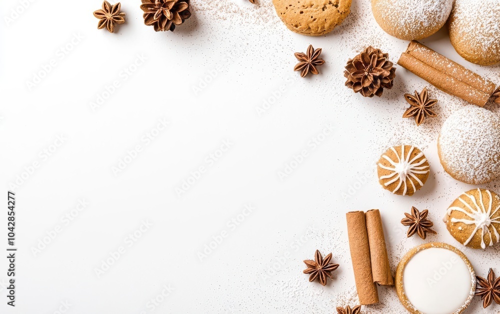 Delicious assortment of festive cookies and spices on a white background, perfect for holiday celebrations. Delicious assortment of festive cookies and spices on a white background, perfect for holiday celebrations.