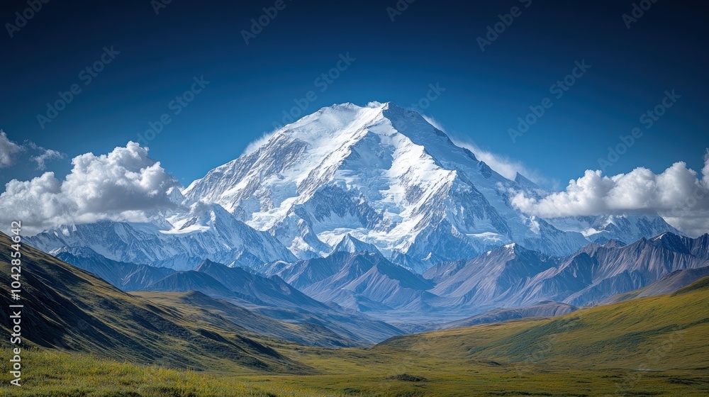 Obraz premium Majestic mountain landscape with snow-capped peaks and blue sky.