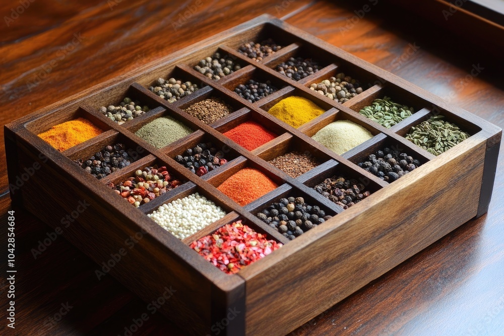 A wooden box filled with various spices. Perfect for blogs, articles, and websites focused on cooking, food, and culinary arts. A wooden box filled with various spices. Perfect for blogs, articles, and websites focused on cooking, food, and culinary arts.