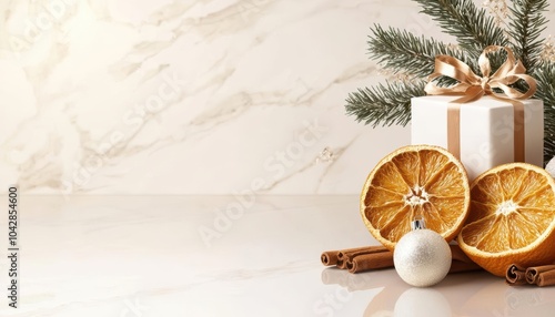 Wallpaper Mural Festive arrangement of dried oranges, cinnamon, and a gift box on a marble surface. Torontodigital.ca