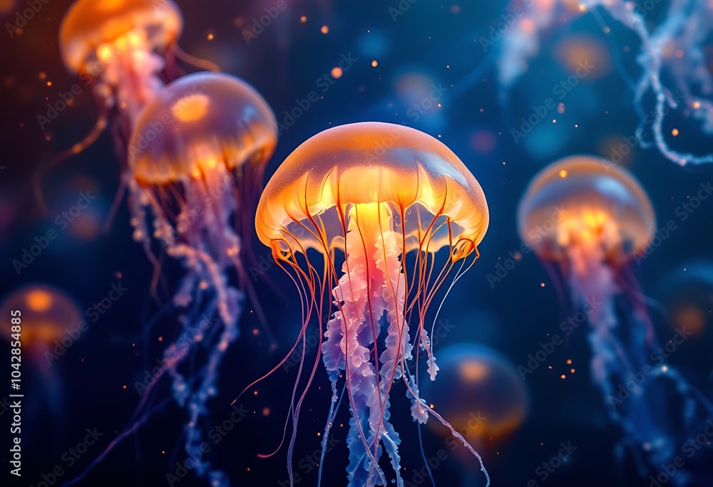 Glowing vivid transparent underwater jellyfishes. Vector illustration
Glowing vivid transparent underwater jellyfishes. Vector illustration