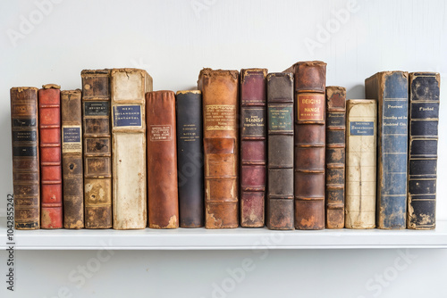 A row of old, worn books on a white shelf