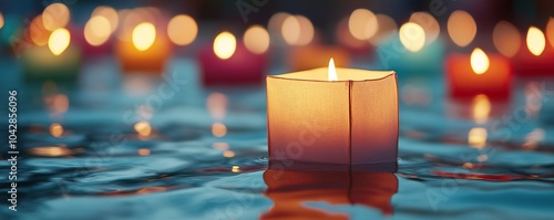 A serene floating candle illuminated on tranquil water, creating a peaceful ambiance with soft reflections. photo