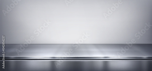 Sleek grey metal shiny surface with soft reflections and shadows. Minimalistic realistic 3d vector illustration of silver steel kitchen countertop or stainless desk surface in limbo like setting.