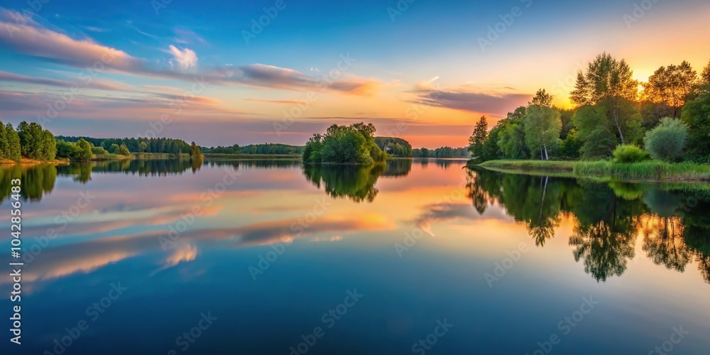 Obraz premium Evening calm tranquil reflections on a peaceful lake wallpaper