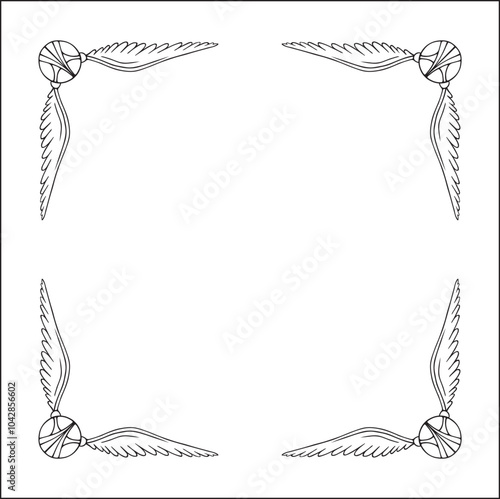 Elegant black and white monochrome ornamental border with snitch for greeting cards, banners, invitations. Vector frame for all sizes and formats. Isolated vector illustration.	
