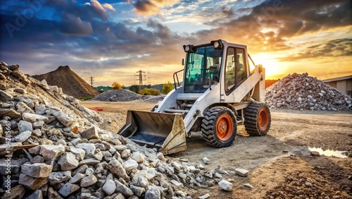 Excavator driving towards a pile of debris