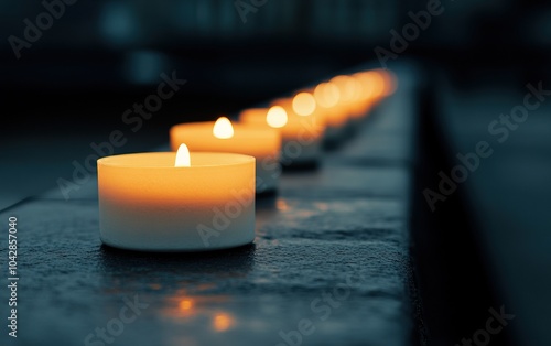 Line of lit candles on a dark background, creating a serene and peaceful atmosphere. photo