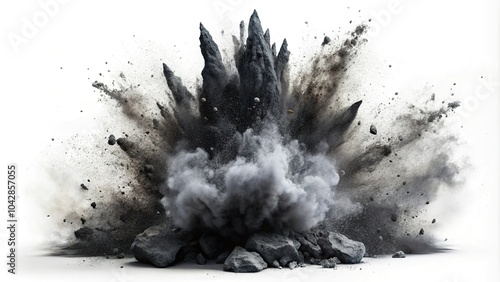 Exploding black rock with dust isolated on white background reflected