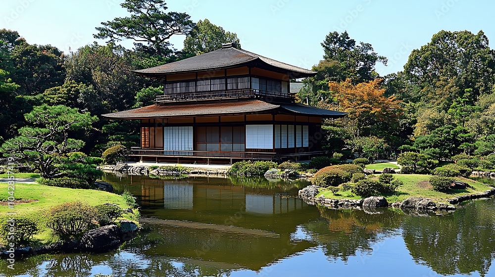 Traditional Japanese House with Pond and Green Trees in Serene Garden Traditional Japanese House with Pond and Green Trees in Serene Garden
