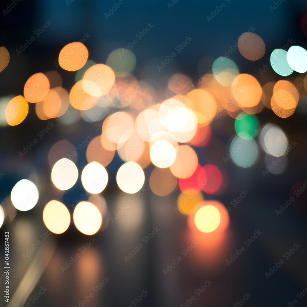 Obraz premium Vibrant Blurred Traffic Bokeh in City Night with Clear Center Space for Text Overlay