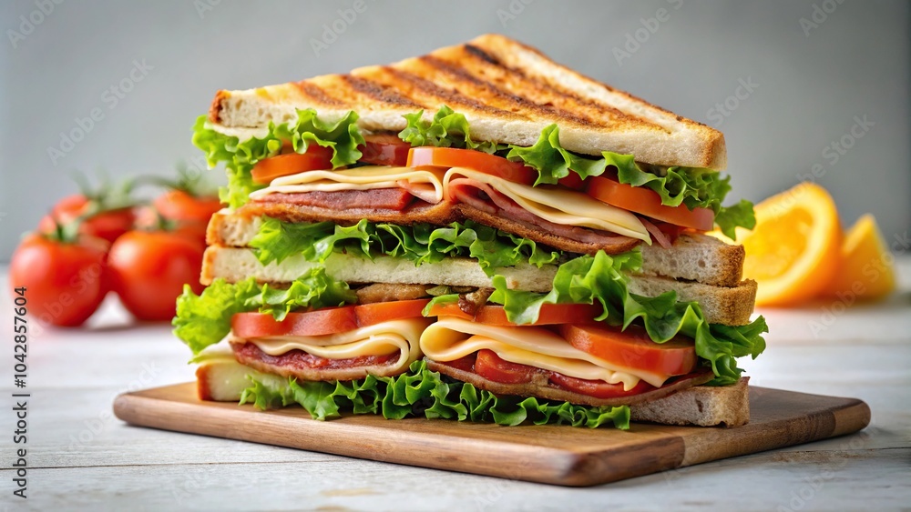 club sandwich on a plate of bacon cheese tomato and lettuce club sandwich on a plate of bacon cheese tomato and lettuce