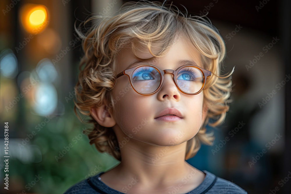 Child blonde boy with glasses. Concept of curiosity and wonder Child blonde boy with glasses. Concept of curiosity and wonder